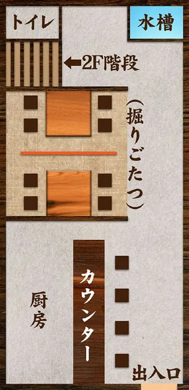 海鮮・魚料理専門店「魚小屋よしき」の店内見取図：1F通常営業時